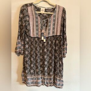 3/$20 Knox Rose Gray Pink Boho Tassel Cross Tie Short Sleeve Tunic Blouse Small
